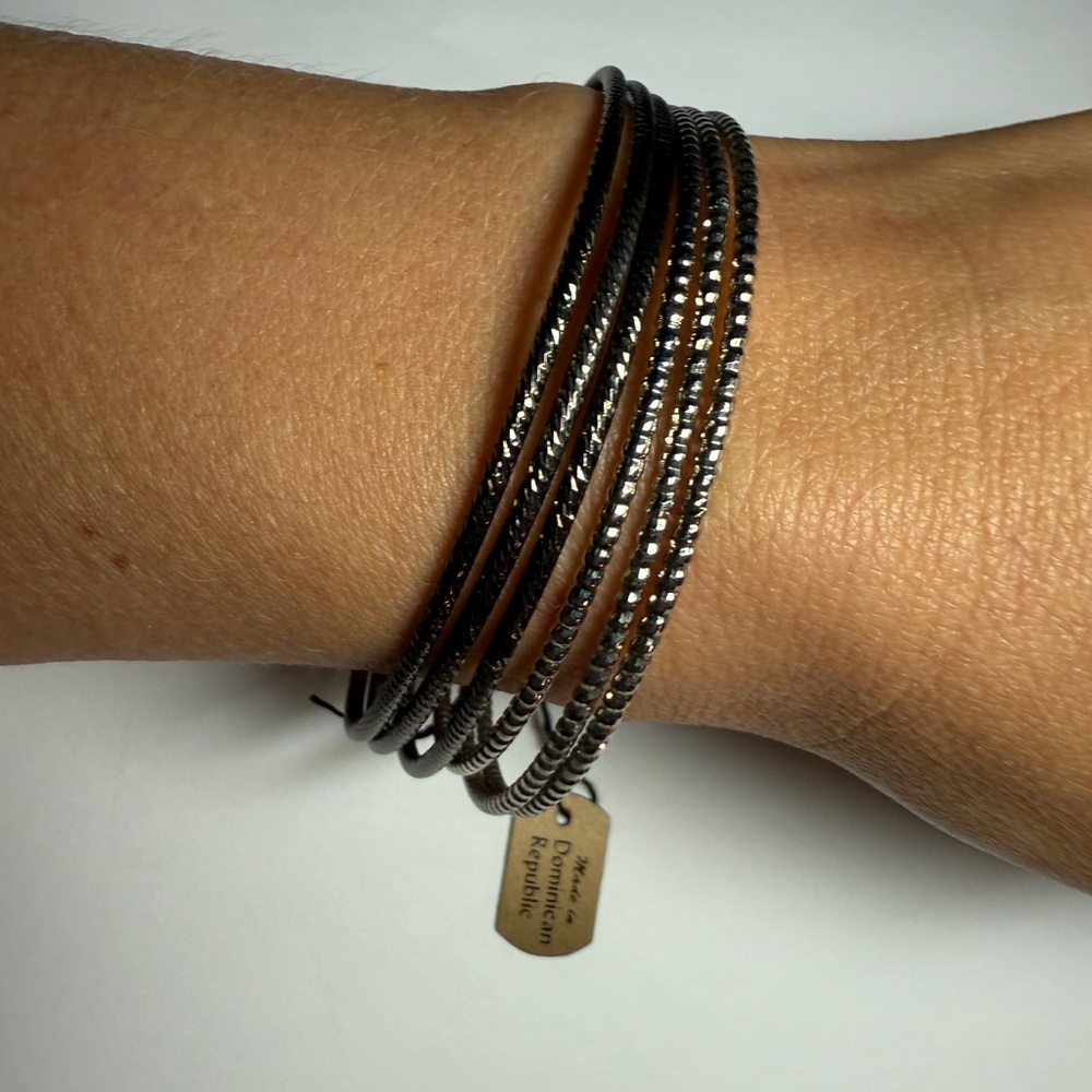Set of 6 Bangle Bracelets- silver tone and black
